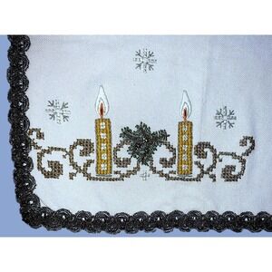 Holiday Xmas Candles Snowflakes Needlework Wool Runner Vtg / Antique 18x42" Read